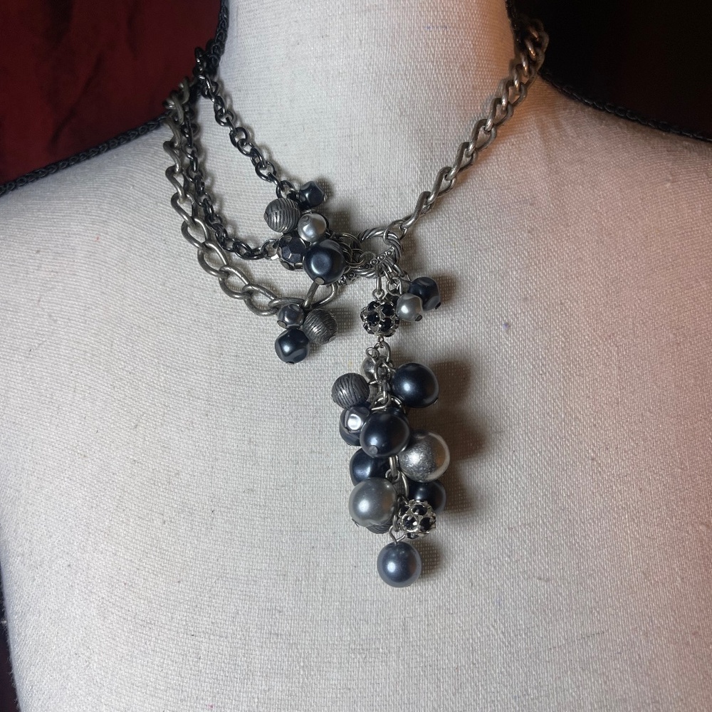Chico's Multi Chain Necklace With Grey Faux pearls